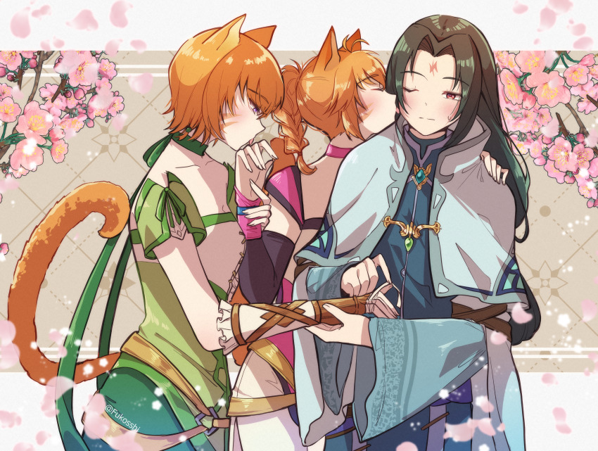 1boy 2girls absurdres animal_ears belt black_hair blush braid brown_belt cat_ears cat_girl cat_tail choker collar commission commissioner_upload facepaint facial_mark fire_emblem fire_emblem:_path_of_radiance fire_emblem:_radiant_dawn flower forehead_mark fukosshi gauze_on_hand green_brooch green_choker green_collar green_shorts hand_guard highres laguz_(fire_emblem) lethe_(fire_emblem) licking licking_another&#039;s_face licking_another&#039;s_hand lyre_(fire_emblem) multiple_girls nintendo o-ring o-ring_belt one_eye_closed orange_tail pink_collar pink_flower purple_eyes red_eyes robe shorts siblings side_slit side_slit_shorts sisters soren_(fire_emblem) soren_(radiant_confidant)_(fire_emblem) sweat sweatdrop tail twins whisker_markings