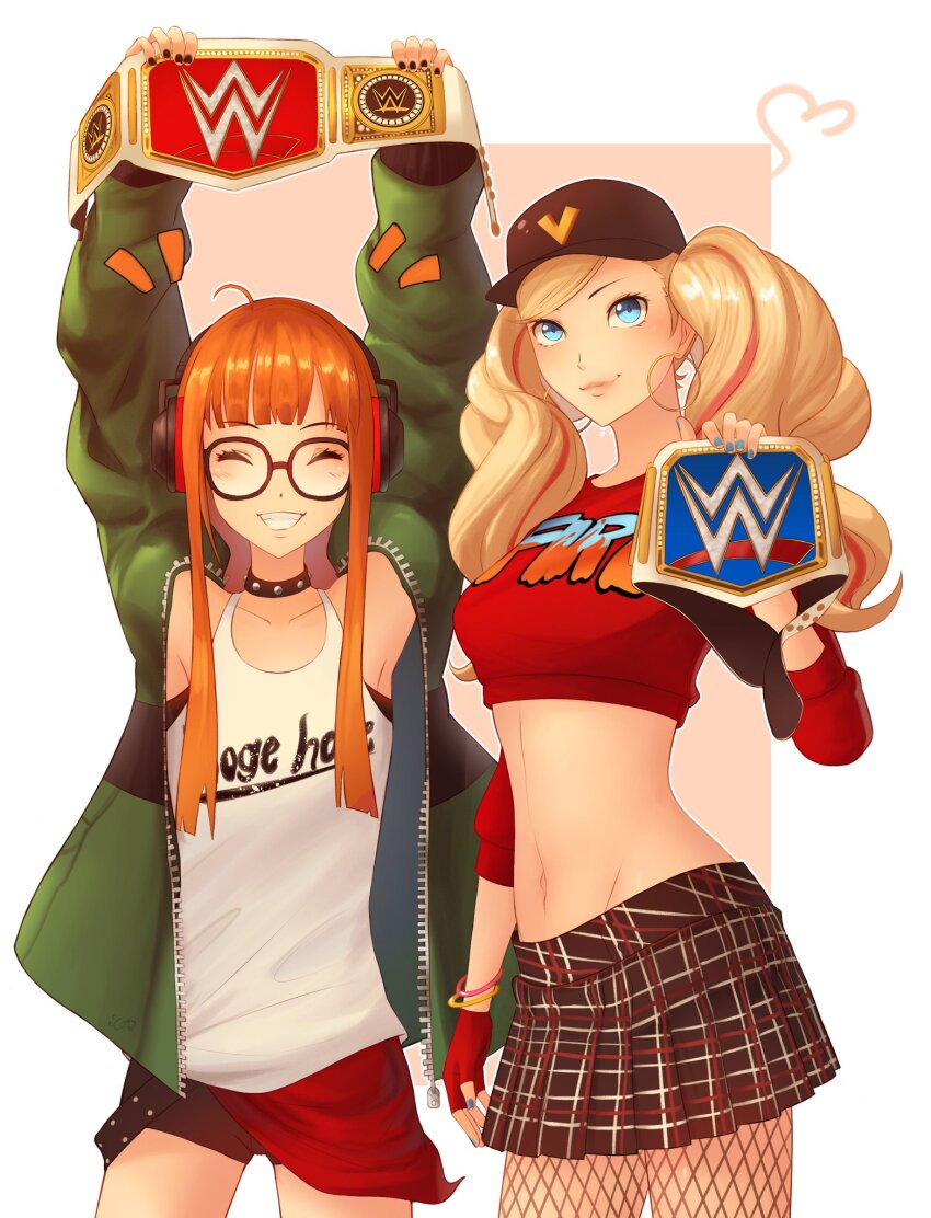 2girls ahoge arms_up baseball_cap belt black_choker black_hat black_nails black_shorts blonde_hair blue_eyes blue_nails bracelet breasts championship_belt choker closed_eyes crop_top crossover earrings fingerless_gloves fishnet_pantyhose fishnets glasses gloves gold_bracelet gold_earrings green_jacket grin hand_up hat highres holding holding_belt hoop_earrings jacket jewelry long_hair looking_at_viewer medium_breasts midriff miniskirt multiple_girls navel necr0nomic0n_fs official_alternate_costume orange_hair pantyhose persona persona_5 persona_5:_dancing_star_night persona_dancing plaid_clothes plaid_skirt red_gloves sakura_futaba shorts simple_background skirt smile studded_choker takamaki_anne tank_top twintails white_belt white_tank_top wwe