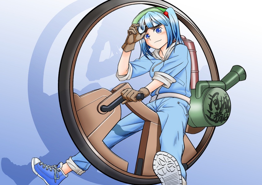 00s 1girl blue_eyes blue_hair crossover female_focus fuuzasa gloves goggles goggles_on_head hair_bobbles hair_ornament hat hood hoodie kawashiro_nitori matching_hair/eyes monowheel riding shoes short_twintails sleeves_rolled_up sneakers solo steamboy steampunk touhou twintails two_side_up zabaniya