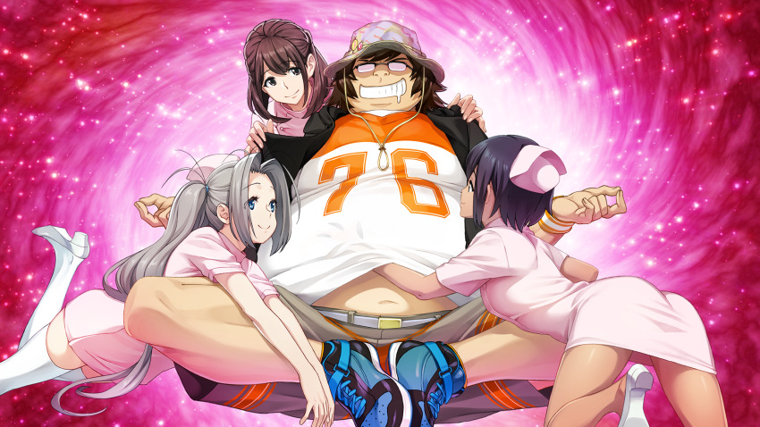 1boy 3girls antenna_hair belt belt_buckle black_hair black_vest blue_eyes blue_ribbon blue_shoes boots brown_eyes brown_hair buckle butterfly_sitting clenched_teeth clothes_lift daitoku_junna dark-skinned_female dark_skin dress drooling ears_visible_through_hair fat fat_man floating fukuda_tomonori glasses grey_hair grey_shorts grin hand_on_another&#039;s_stomach hand_under_clothes harem hashida_itaru hat high_heels highres hood hooded_vest hoodie light_particles long_hair looking_at_another lotus_position meditation medium_hair mouth_drool mudra multiple_girls navel non-web_source nurse nurse_cap official_art opaque_glasses orange_shirt orange_shorts pervert pink_dress ponytail purple_background ribbon robotics;notes saliva senomiya_akiho shirt shoelaces shoes short_hair shorts side_ponytail single_sidelock sitting sleeveless_vest smile sneakers stray_hair striped_clothes striped_shirt striped_shorts t-shirt tan teeth thick_thighs thighhighs thighs v-shaped_eyebrows vest white_belt white_boots white_shirt white_thighhighs wristband yukifune_airi zettai_ryouiki