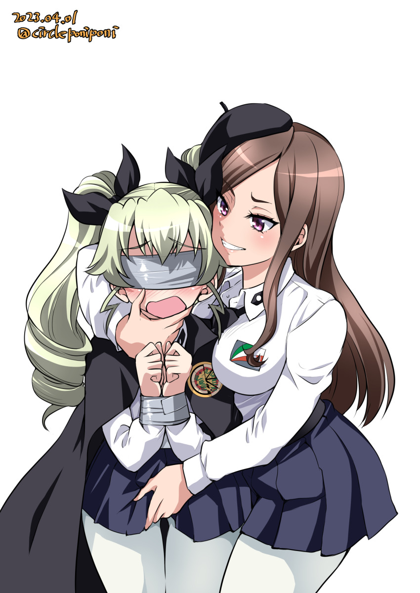 2girls absurdres alternate_costume anchovy_(girls_und_panzer) anzio_(emblem) anzio_school_uniform arm_around_neck beret black_cape black_hat black_necktie blindfold blue_skirt blush bound bound_wrists brown_hair cape commentary cosplay crossover dated dorothy_(princess_principal) dress_shirt drill_hair duct_tape emblem flying_sweatdrops frown girls_und_panzer green_hair grin hair_ribbon hand_on_another&#039;s_crotch hand_on_another&#039;s_face hat highres inoue_yoshihisa leaning_forward long_hair long_sleeves looking_at_another miniskirt multiple_girls necktie open_mouth pantyhose pepperoni_(girls_und_panzer) pepperoni_(girls_und_panzer)_(cosplay) pleated_skirt princess_principal purple_eyes ribbon school_uniform shirt skirt smile standing swept_bangs taichi_you textless_version twin_drills twintails twitter_username voice_actor_connection white_background white_pantyhose white_shirt wing_collar