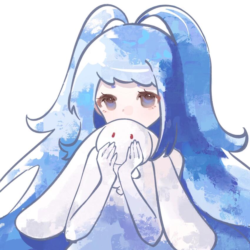 1girl bad_source blue_eyes blue_hair covered_mouth daer_maodou_(roco_kingdom:world) doll dress enzo_(roco_kingdom:world) gloves highres holding jianfeng_rujianwo long_hair looking_at_viewer rabbit roco_kingdom simple_background solo stuffed_toy two_side_up upper_body white_background xueying_wawa_(anthropomorphism)_(roco_kingdom:world) xueying_wawa_(roco_kingdom:world)
