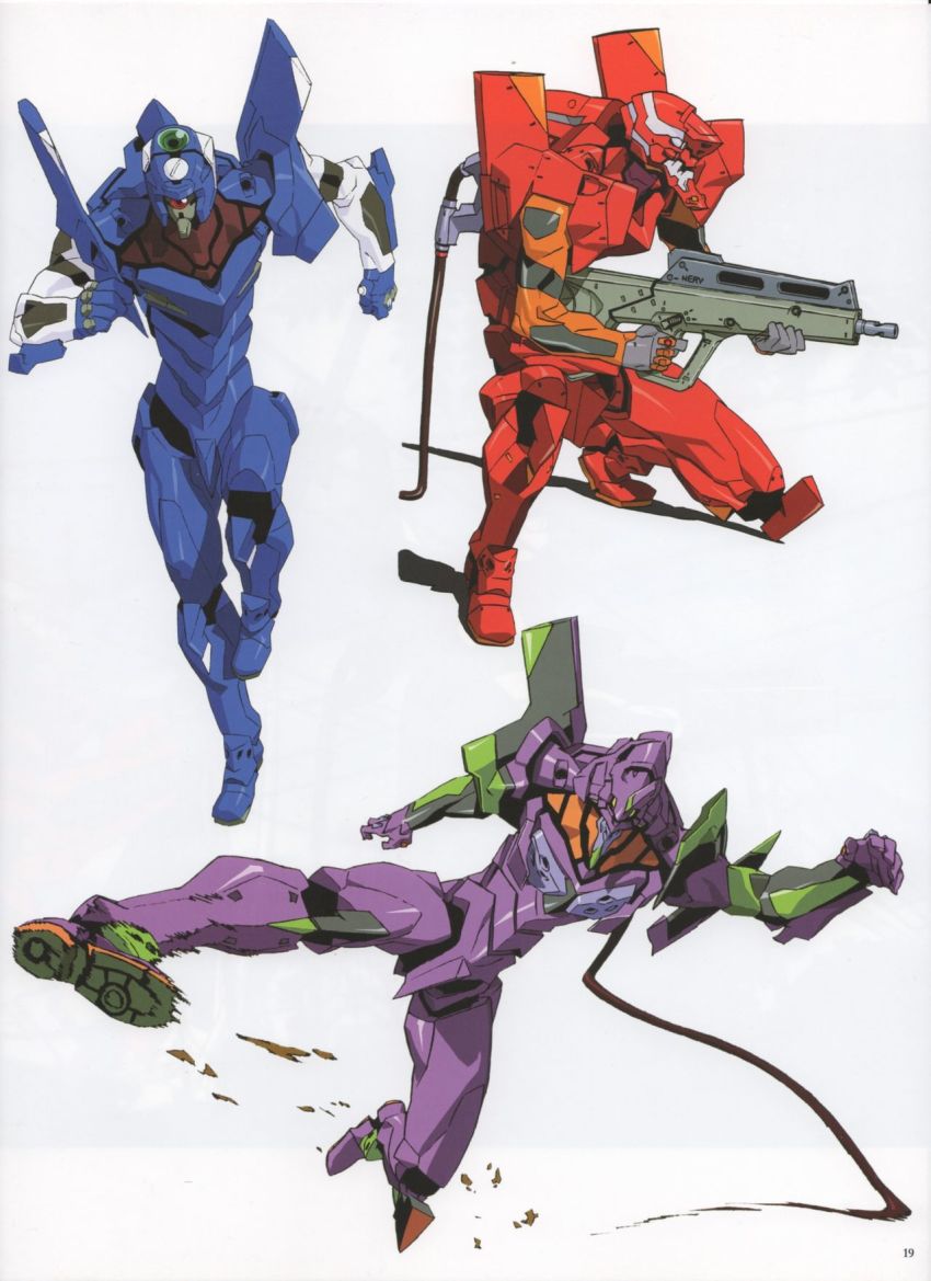 assault_rifle autocannon bullpup cannon caseless_firearm eva_00 eva_01 eva_02 gainax gun highres kicking magnetic_weapon mecha needlegun neon_genesis_evangelion official_art pallet_rifle railgun rifle robot running scan weapon yoshinari_you