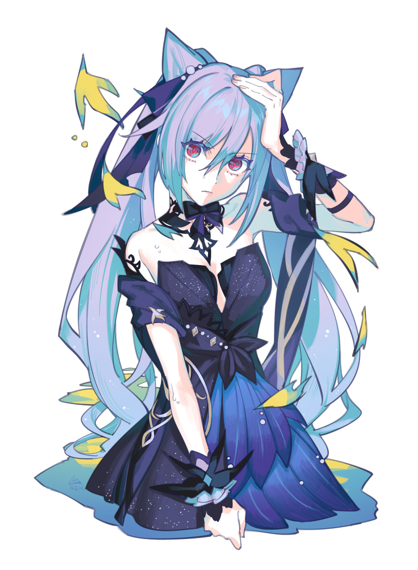 1girl absurdres animal_ears blue_dress breasts closed_mouth commentary_request cropped_legs dress frown genshin_impact hand_on_own_head head_tilt highres keqing_(genshin_impact) keqing_(opulent_splendor)_(genshin_impact) long_hair looking_at_viewer official_alternate_costume purple_eyes purple_hair rem_(hinotomi) simple_background small_breasts solo white_background