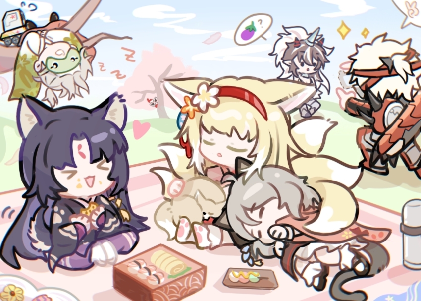 &gt;_&lt; 1boy 5girls animal_ears arknights black_hair blonde_hair brown_hair chinese_commentary closed_eyes commentary_request dango dog_ears dog_girl food fox fox_ears fox_girl fox_tail grey_hair hairband kirin_r_yato_(arknights) kitsune kuriaki-inko kyuubi lens_(arknights) long_hair mint_(arknights) mint_(tsukiyoi)_(arknights) multiple_girls multiple_tails noir_corne_(arknights) official_alternate_costume open_mouth outdoors rathalos_s_noir_corne_(arknights) red_hairband saga_(arknights) sanshoku_dango scene_(arknights) scene_(betsushi)_(arknights) sleeping suzuran_(arknights) suzuran_(yukibare)_(arknights) tail wagashi white_hair yato_(arknights)