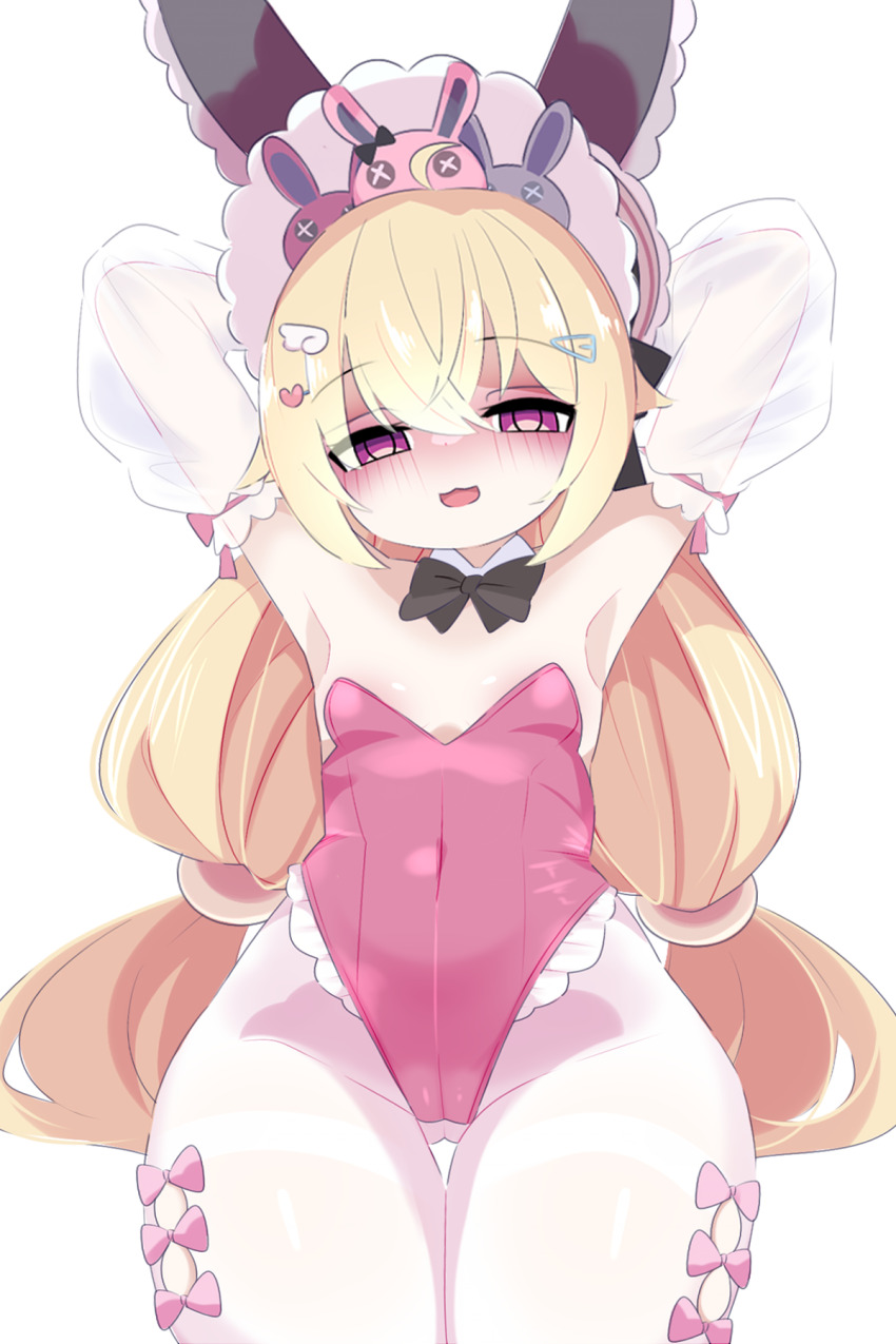 1girl :3 ahoge animal_ears arms_behind_head arms_up black_bow black_bowtie blonde_hair blush boots bow bowtie detached_collar detached_sleeves fake_animal_ears flat_chest hair_ornament hairband hairclip heart heart_hair_ornament highres indie_virtual_youtuber kukuchi581 lace-trimmed_leotard lace_trim leotard lolita_hairband long_hair long_sleeves looking_at_viewer low_twintails open_mouth pantyhose pink_bow pink_eyes pink_leotard playboy_bunny rabbit_ears see-through_clothes see-through_sleeves smile standing sylvie_ruru thigh_boots twintails virtual_youtuber white_pantyhose wide_hips wing_hair_ornament