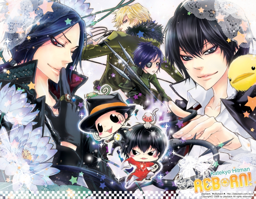 1girl 5boys animal arcobaleno bird black_hair blonde_hair blue_eyes chrome_dokuro cuffs dino dino_cavallone everyone eyepatch flower fon_(reborn) formal_clothes fur_collar fur_trim gloves handcuffs hat hibari_kyouya hibird jacket jewelry katekyo_hitman_reborn! leon_(reborn) lizard long_hair lotus monkey multiple_boys polearm ponytail purple_eyes purple_hair reborn red_eyes ring rokudou_mukuro school_uniform short_hair spear suit trident weapon whip