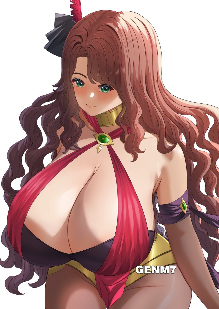 1girl artist_name bare_shoulders blush breasts brown_hair choker collarbone dorothea_arnault dorothea_arnault_(plegian) female_focus fire_emblem fire_emblem:_three_houses fire_emblem_heroes genm7 green_eyes highres jewelry large_breasts long_hair nintendo smile solo wavy_hair
