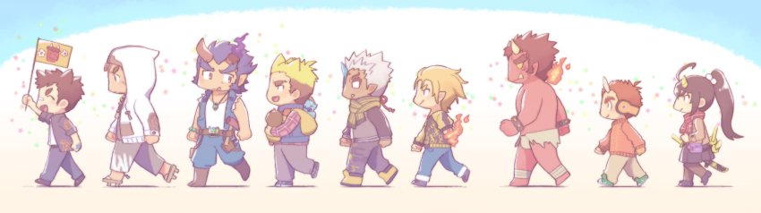 1girl 6+boys absurdres aya_(ryou0327) blush character_request chibi colored_skin fire flag from_side gouki_(housamo) hair_horns highres holding holding_flag hood hood_up horns houzouin_oniwaka ibaraki_(housamo) male_focus protagonist_1_(housamo) mature_male multiple_boys oni red_oni_(housamo) red_skin short_hair shuten_douji_(housamo) sideburns single_horn smile suzuka_(housamo) takemaru_(housamo) tohno_motosumi tokyo_houkago_summoners tusks walking