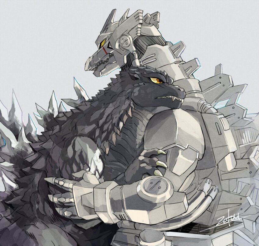 claws cyborg dinosaur facial_mark giant giant_monster giant_robot godzilla godzilla:_tokyo_s.o.s. godzilla_(series) horns hug hug kaiju kiryu_(godzilla) mecha mechagodzilla monster no_humans no_pupils robot scar scar_on_chest sharp_teeth spikes teeth toho tsk03 yellow_eyes