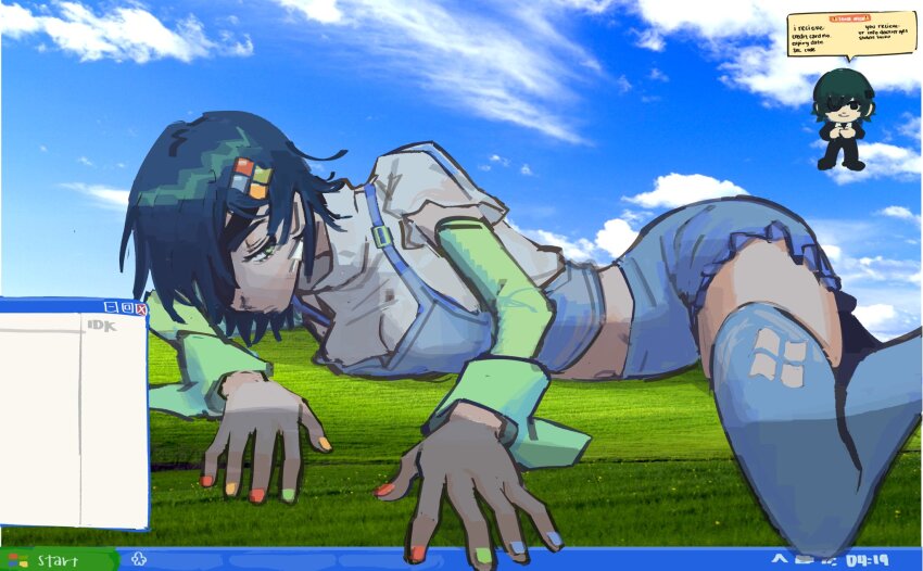 1girl black_footwear black_hair black_jacket black_necktie black_pants bliss_(image) blue_skirt blue_sky blue_thighhighs camisole chainsaw_man chibi chibi_inset cloud cloudy_sky collared_shirt eyepatch formal_clothes green_eyes green_sleeves grey_camisole hair_over_one_eye highres himeno_(chainsaw_man) jacket liowig logo_hair_ornament looking_at_viewer looking_down meme microsoft_windows midriff multicolored_nails necktie on_grass pants shirt shirt_tucked_in short_hair skirt sky smile solo suit suit_jacket thighhighs trade_offer_(meme) white_shirt windows_xp zettai_ryouiki