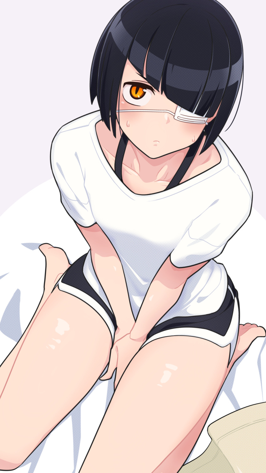 absurdres bed bed_sheet black_hair black_shorts blush closed_mouth eyepatch highres komi-san_wa_komyushou_desu lecca_aisu md5_mismatch nakanaka_omoharu on_bed resolution_mismatch shirt shorts sitting slit_pupils solo source_smaller t-shirt thighs white_shirt yellow_eyes