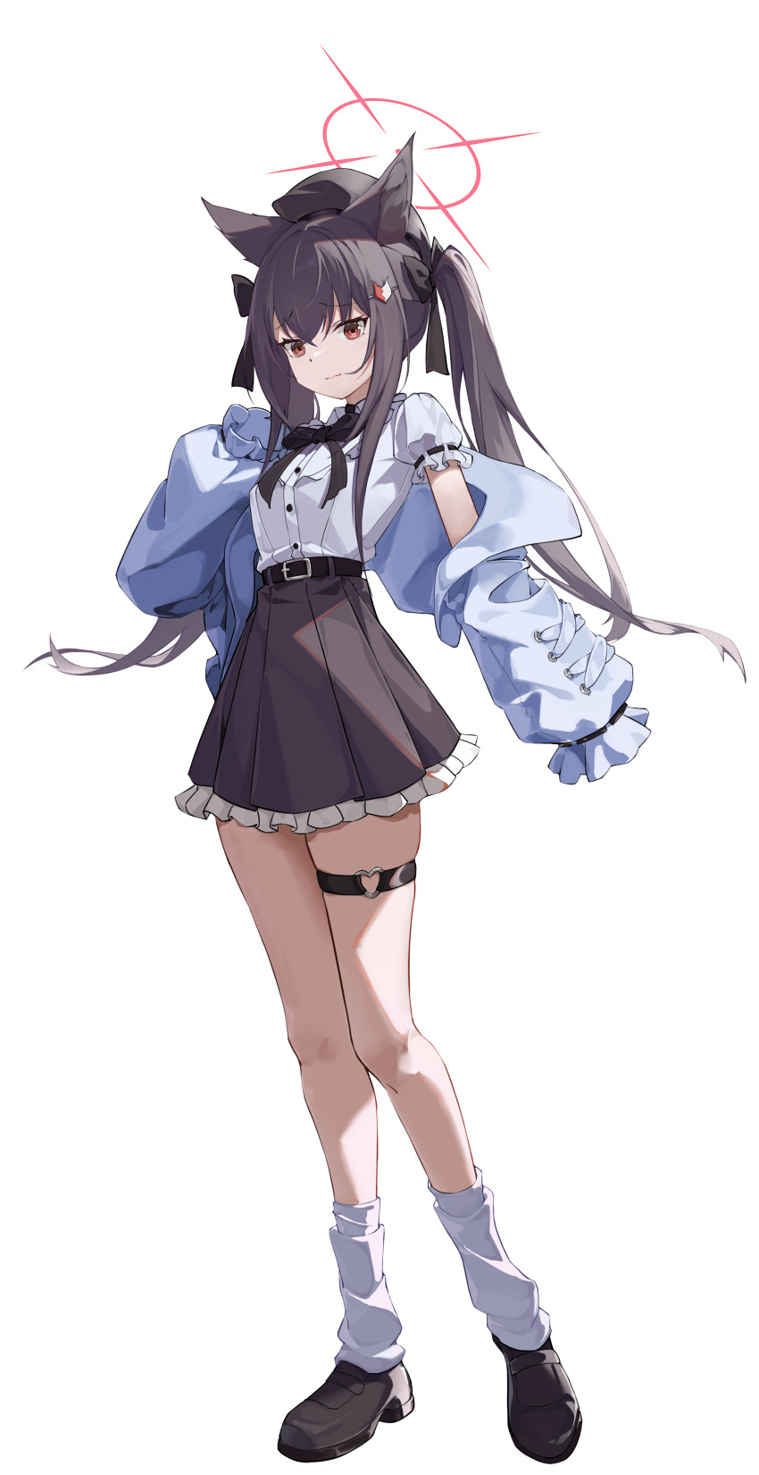 1girl absurdres alternate_costume alternate_hairstyle animal_ear_fluff animal_ears black_hair black_hat black_ribbon black_shoes black_skirt blue_archive blue_jacket brown_eyes closed_mouth fox_ears fox_girl hair_between_eyes hair_ribbon hat heart-shaped_lock high-waist_skirt highres jacket jirai_kei long_hair looking_at_viewer loose_socks nammmmer ribbon shirt shoes short_sleeves sidelocks skirt sleeves_past_fingers sleeves_past_wrists socks solo twintails white_shirt white_socks yukino_(blue_archive)