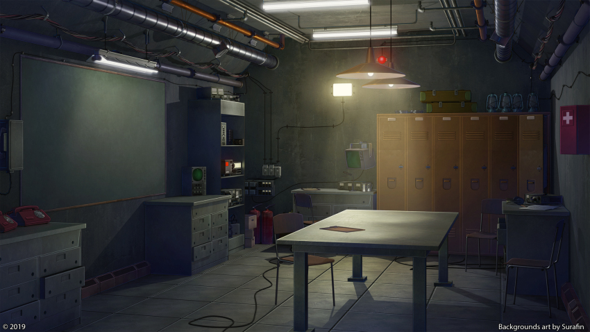 3d basement box cabinet ceiling ceiling_light chair first_aid_kit highres indoors industrial_pipe interior locker no_humans original phone scenery shadow shelf surafin table tile_floor tiles wall wall_lamp wire