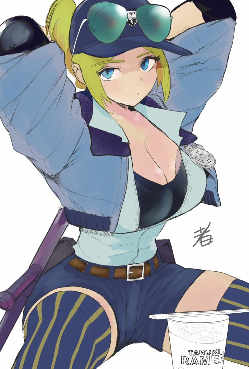 1girl arms_up badge blonde_hair blue_eyes breasts capcom cleavage curvy elbow_pads final_fight final_fight_3 freckles hat highres hiroshi_mono jacket large_breasts lucia_morgan police police_badge police_uniform policewoman ponytail shorts sitting spread_legs street_fighter street_fighter_v sunglasses sunglasses_on_head thick_thighs thighhighs thighs