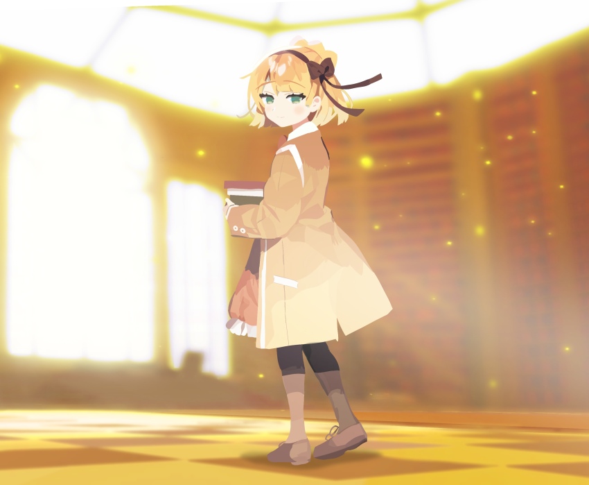 1girl black_leggings blonde_hair blurry blurry_background book bow braid brown_bow brown_hairband brown_shoes brown_socks closed_mouth coat crown_braid dress full_body green_eyes hairband highres holding holding_book leggings library_of_ruina looking_at_viewer medium_hair orange_dress project_moon realtawil shoes simple_background socks solo standing tiphereth_a_(project_moon) yellow_coat
