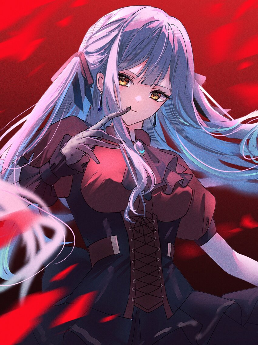 1girl ascot bang_dream! bang_dream!_it&#039;s_mygo!!!!! black_ascot black_corset black_ribbon blue_brooch blue_hair breasts commentary corset dress gloves grey_gloves hair_ribbon highres long_hair medium_breasts oblivionis_(bang_dream!) red_background red_shirt ribbon shirt short_sleeves sidelocks solo togawa_sakiko wasabi_(dione)
