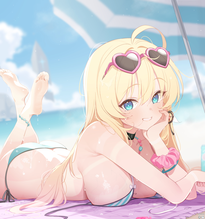 1girl ahoge ass bare_shoulders barefoot beach bikini blonde_hair blue_bikini blue_eyes blurry blurry_background breasts butt_crack choker commentary commentary_request deyui english_commentary heart heart-shaped_eyewear highres large_breasts long_hair lying noya_(stella_sora) ocean on_stomach open_clothes sand side-tie_bikini_bottom solo stella_sora sunglasses sweat swimsuit untied_bikini