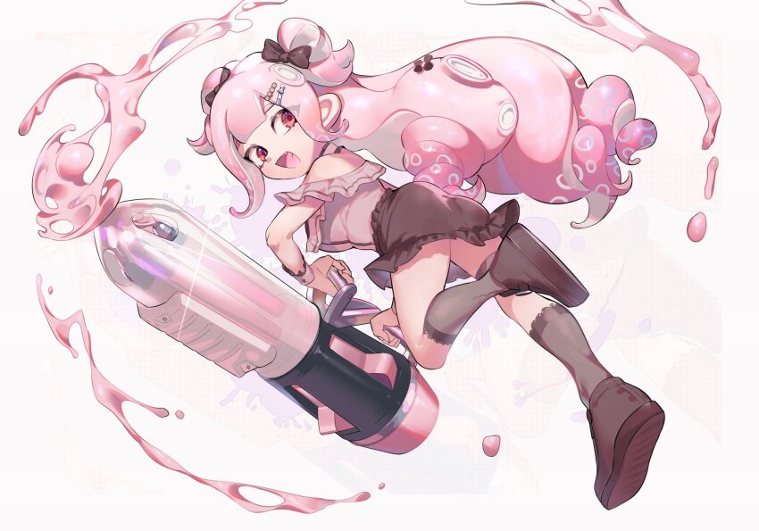 1girl ballpoint_splatling_(splatoon) big_hair black_bow black_bowtie black_shoes black_skirt bow bowtie commission fang frilled_shirt frilled_wristband frills gun hair_ornament hairclip highres holding holding_gun holding_weapon jinkoika long_hair nintendo octoling octoling_girl octoling_player_character open_mouth paint pink_eyes pink_hair safety_pin second-party_source shirt shoes skirt smile socks solo splatoon_(series) tentacle_hair weapon white_background