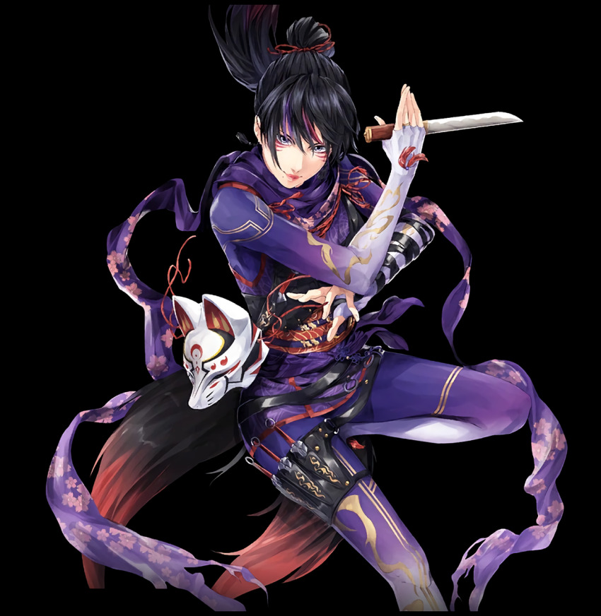 1girl black_and_red_and_purple_hair fox_mask highres hot insanely_hot kitsune_marks kunimitsu_ii mask namco ninja ninja_swords ponytail purple_eyes tekken tekken_7 tekken_8 ushiwakamaru_(artist) weapons