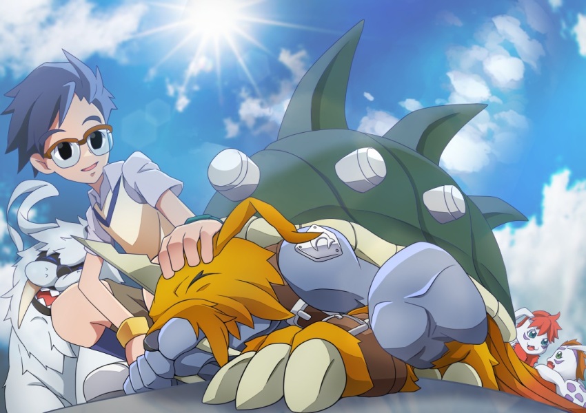 belt closed_eyes digimon digimon_(creature) fangs glasses gomamon gomamon_x-antibody ikkakumon kido_jo looking_at_another shell zudomon