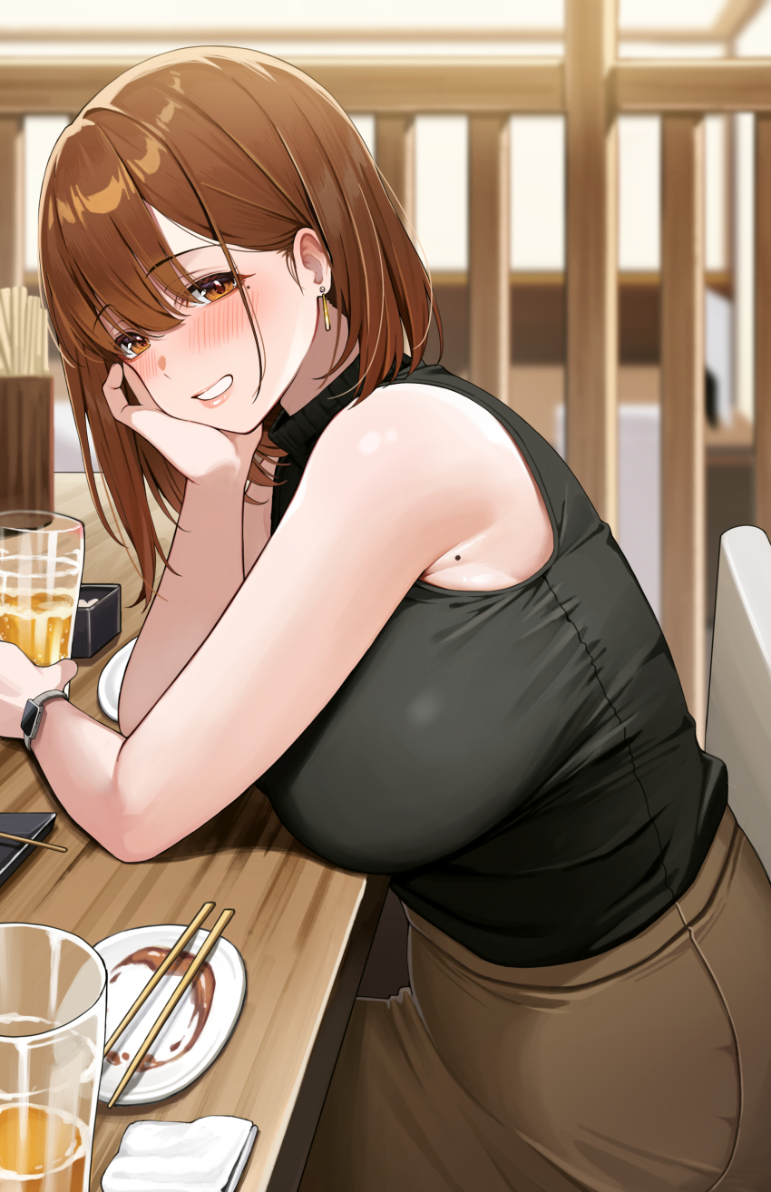 1girl absurdres alcohol beer_mug black_shirt blush breasts brown_eyes brown_hair brown_skirt chopsticks cup earrings empty_plate head_rest highres indoors jewelry large_breasts leaning_forward looking_at_viewer mole mole_on_armpit mole_under_eye mug ol-chan_(udon) original pencil_skirt plate shirt short_hair skirt sleeveless sleeveless_shirt smile tight_clothes turtleneck turtleneck_shirt udon_(udonalium) watch wristwatch