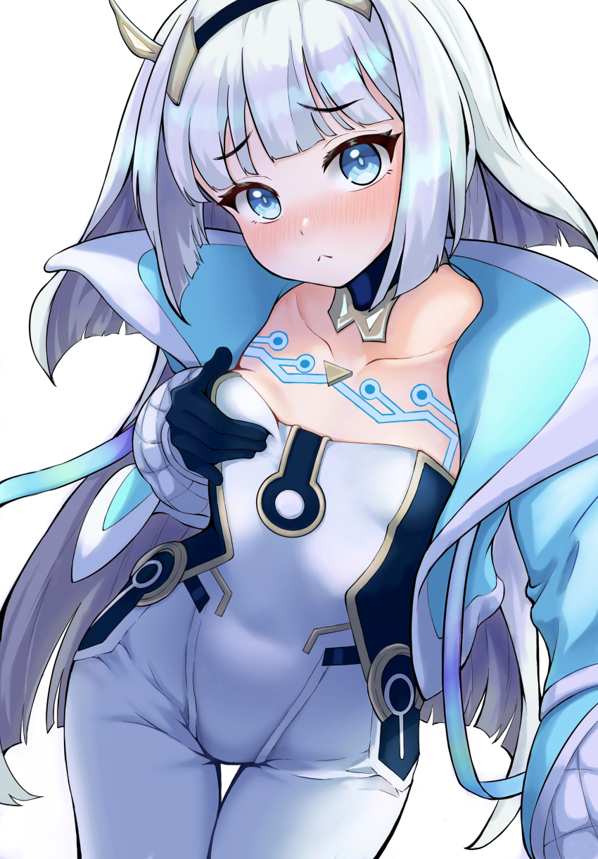 1girl absurdres black_gloves blue_eyes blue_jacket bodysuit breasts eudie_(shadowverse) gloves grabbing_own_breast hairband highres jacket jiangshao_kun long_hair long_sleeves looking_at_viewer open_clothes open_jacket selfie shadowverse shadowverse:_worlds_beyond simple_background small_breasts solo white_background white_bodysuit white_hair