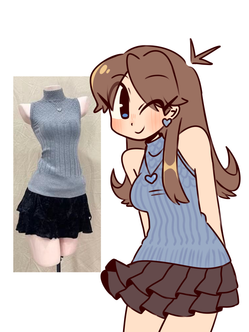 1girl absurdres alternate_costume black_skirt blue_eyes breasts brown_hair creatures_(company) earrings game_freak green_(pokemon) grey_sweater heart heart_earrings highres jewelry long_hair looking_at_viewer medium_breasts nintendo one_eye_closed pleated_skirt pokemon pokemon_adventures skirt sleeveless sleeveless_sweater sofo_soup solo sweater