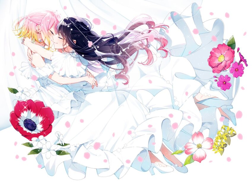 2girls anemone_wa_netsu_wo_obiru black_hair bride closed_eyes cover earrings falling_petals flower gradient_hair high_heels hug jewelry kiss komiyama_mashiro long_skirt multicolored_hair multiple_girls ootsuki_nagisa orange_hair petals sakuragi_ren second-party_source skirt smile yuri