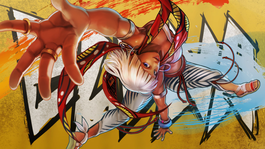 1girl animal_print armlet blue_eyes bracelet commentary dark-skinned_female dark_skin earrings elena_(street_fighter) english_commentary highres jewelry mixed-language_commentary nekoita ring solo street_fighter street_fighter_6 white_hair zebra_print