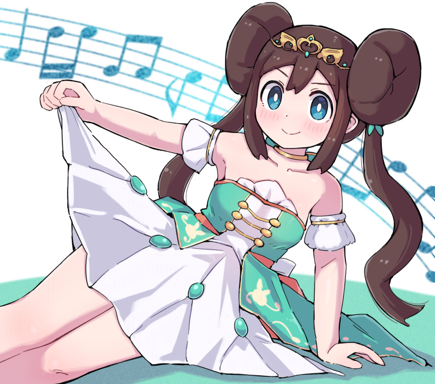1girl arm_support bare_shoulders blush bright_pupils brown_hair closed_mouth clothes_lift collarbone commentary_request double_bun green_eyes hair_bun hand_up highres jewelry kutabireta_neko leaning lifting_own_clothes long_hair looking_at_viewer musical_note musical_staff neck_ring nintendo official_alternate_costume pokemon pokemon_masters_ex rosa_(champion)_(pokemon) rosa_(pokemon) skirt skirt_lift smile solo tiara twintails white_pupils white_skirt