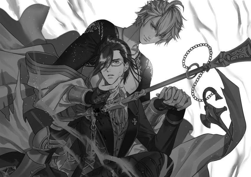 ahoge aladdin_(sinoalice) arabian_clothes armor asymmetrical_bangs aura blood blood_on_clothes blood_on_face bridal_gauntlets butler commission cropped_jacket formal_clothes glasses gloves hair_between_eyes hair_slicked_back hameln_(sinoalice) holding_hands implied_yaoi jewelry looking_at_another looking_at_viewer magehikari monochrome necklace oil_lamp parted_lips ring second-party_source shoulder_armor sinoalice sitting smile stab surprised