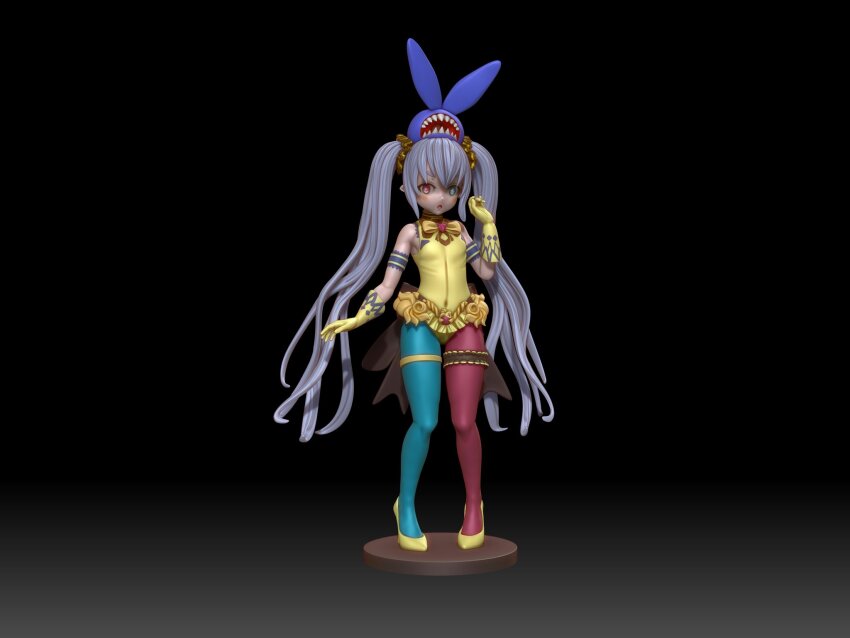 1girl 3d armband asymmetrical_legwear black_background blue_armband blue_eyes blue_thighhighs blush_stickers breasts brown_dust_(series) brown_dust_2 cross-shaped_pupils dress elf eyebrows_hidden_by_hair figure frilled_thigh_strap full_body gloves hair_between_eyes heterochromia high_heels highres long_hair looking_at_viewer monyaggu open_mouth pointy_ears red_eyes red_thighhighs refithea_(brown_dust) refithea_(the_gluttonous)_(brown_dust) shoes simple_background small_breasts solo stiletto_heels symbol-shaped_pupils thigh_strap thighhighs twing_glutti twintails two-tone_thighhighs very_long_hair white_hair yellow_dress yellow_gloves yellow_shoes zbrush_(medium)