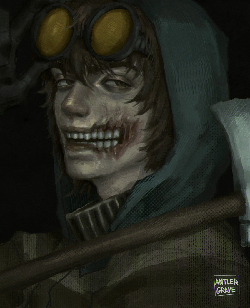 1boy antlergrave artist_name axe bags_under_eyes black_background black_eyes brown_hair creepypasta glasgow_smile goggles goggles_on_head grey_hood highres holding holding_axe hood hood_up looking_at_viewer male_focus open_mouth portrait realistic short_hair sideways_glance simple_background solo teeth ticci_toby