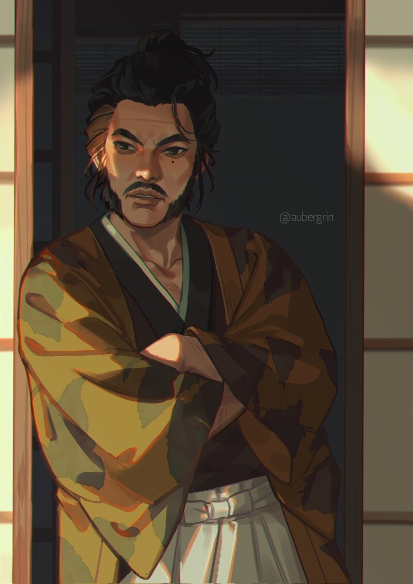 1boy aubergrin black_hair black_kimono brown_eyes collarbone commentary cowboy_shot crossed_arms english_commentary facial_hair furrowed_brow ghost_of_tsushima hair_bun hakama hakama_pants happi highres indoors japanese_clothes kimono leaning_to_the_side long_sleeves looking_to_the_side male_focus mature_male mole mole_under_eye mustache mutton_chops pants parted_lips sakai_kazumasa short_hair shouji sideburns single_hair_bun sliding_doors solo teeth twitter_username white_pants wide_sleeves yellow_happi