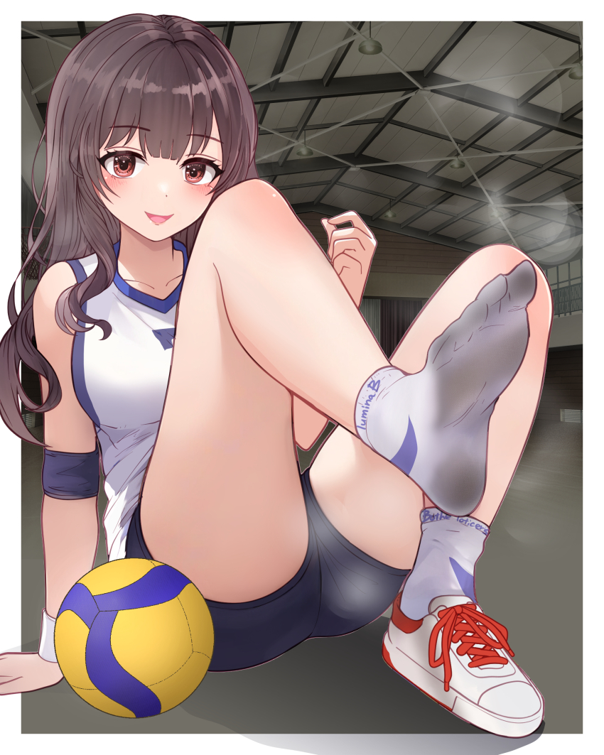 1girl absurdres arm_support artist_name bare_legs black_buruma blush breasts brown_eyes brown_hair buruma collarbone dirty_legwear eyelashes feet foot_focus foot_up full_body gym gym_uniform hand_up highres indoors knees_up legs long_hair looking_at_viewer lumina414 medium_breasts no_shoes open_mouth original shirt shoes single_shoe sleeveless sleeveless_shirt sneakers socks soles solo sportswear thighs toes volleyball volleyball_uniform white_shirt white_shoes white_sneakers white_socks wristband