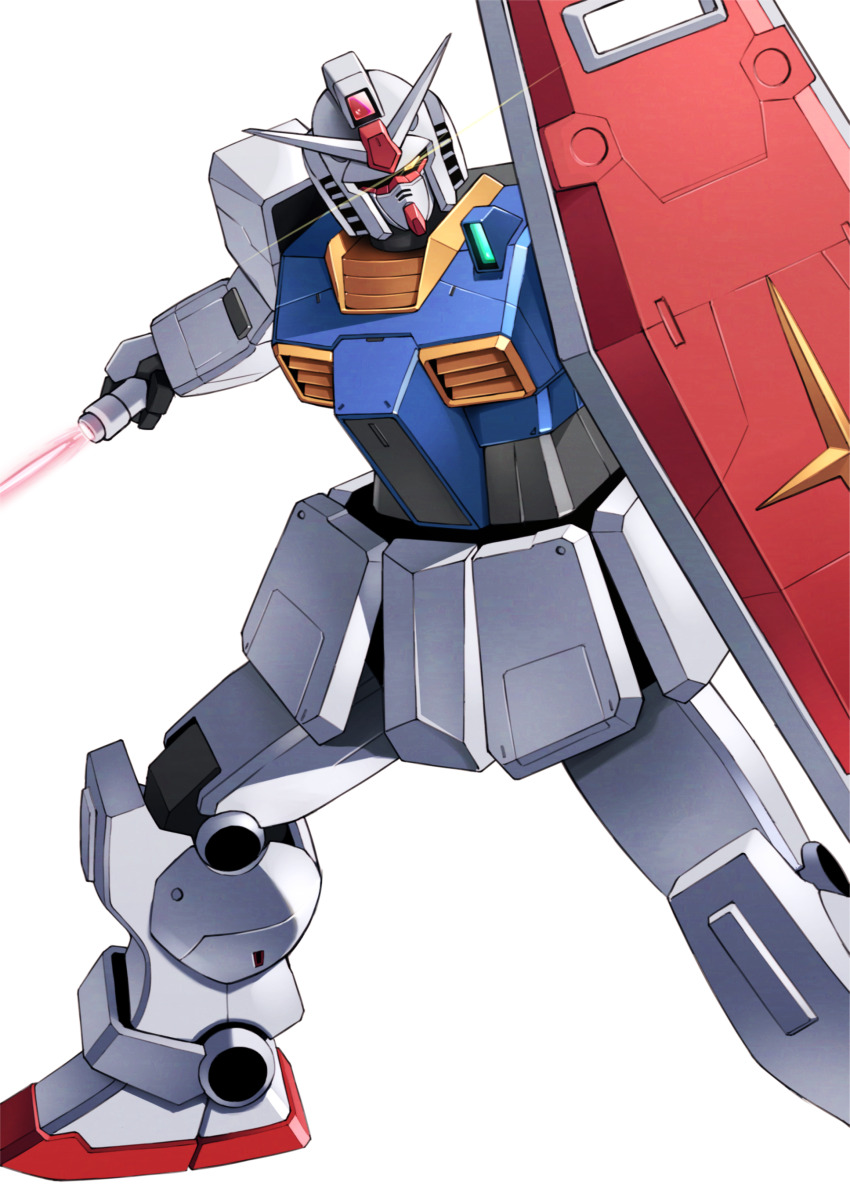 absurdres commentary_request energy_sword eye_trail foot_out_of_frame gm_ii gundam gundam_unicorn highres legs_apart light_trail looking_at_viewer mecha mecha_focus mobile_suit no_humans outstretched_arm robot science_fiction shield simple_background solo standing sword takahashi_masaki v-fin weapon white_background yellow_eyes