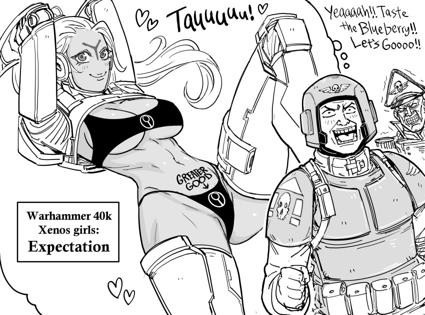 1girl 2boys absurdres alien armor armored_boots arms_behind_head astra_militarum bb_(baalbuddy) body_writing boots breastplate breasts cleavage commentary commissar dark-skinned_female dark_skin english_commentary english_text greyscale helmet heresy highleg highleg_panties highres imagining imperium_of_man knee_pads large_breasts linea_alba long_hair mechanical_arms monochrome multiple_boys navel no_nose panties pauldrons ponytail pubic_tattoo shoulder_armor soldier sports_bra t&#039;au tattoo thick_thighs thigh_boots thighs toned underboob underwear underwear_only warhammer_40k