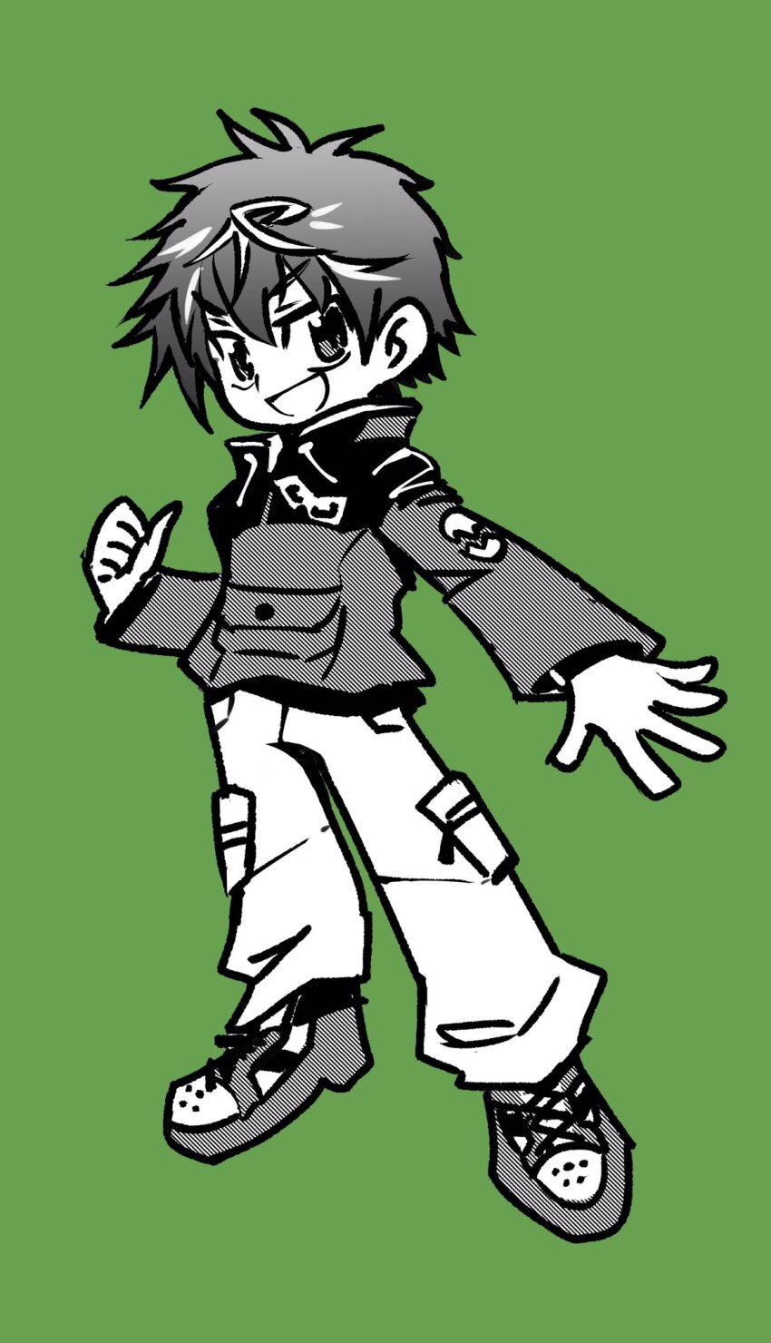 1boy digimon digimon_card_game digimon_liberator green_background green_theme greyscale greyscale_with_colored_background halftone highres kazama_shoto male_focus monochrome shining_neko short_hair simple_background solo