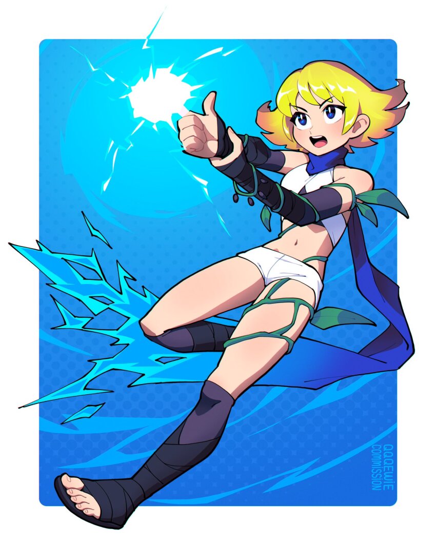 1girl 333_(dqqqdle) blonde_hair blue_background blue_eyes blue_scarf commission electricity finger_gun full_body highres kid_icarus kid_icarus_uprising midriff nintendo open_mouth phosphora plant scarf solo vines