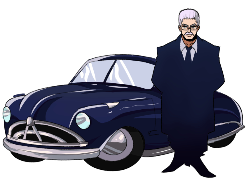 1boy blue_car car cars_(movie) collared_shirt doc_hudson facial_hair formal_clothes glasses highres hudson_hornet male_focus motor_vehicle mustache necktie old old_man personification serious shirt simple_background standing suit tina_fate vehicle_and_personification vehicle_focus white_background