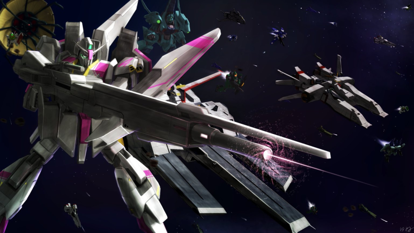 beam_cannon commentary_request energy_gun firing gm_ii green_eyes gundam gundam_evolve gundam_zz hiwa_industry mecha mecha_focus methuss military military_vehicle mobile_suit nahel_argama nemo_(mobile_suit) robot shield ship space v-fin warship watercraft weapon zeta_gundam zeta_gundam_(mobile_suit)