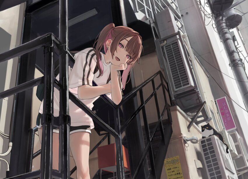 1girl against_railing asymmetrical_bangs black_cat black_shirt black_shorts blunt_bangs breasts brown_hair building cable cat commentary condenser_unit cowboy_shot dolphin_shorts earrings hamunezuko_(nezukonezu32) hand_on_own_cheek hand_on_own_face highres jewelry lamp lamppost looking_at_viewer machinery multiple_earrings on_stairs open_mouth original outdoors pink_eyes pink_hair railing shirt shorts sign small_breasts smile solo stairs striped_clothes t-shirt transformer translation_request twintails two-tone_shirt two-tone_shorts white_shirt white_shorts
