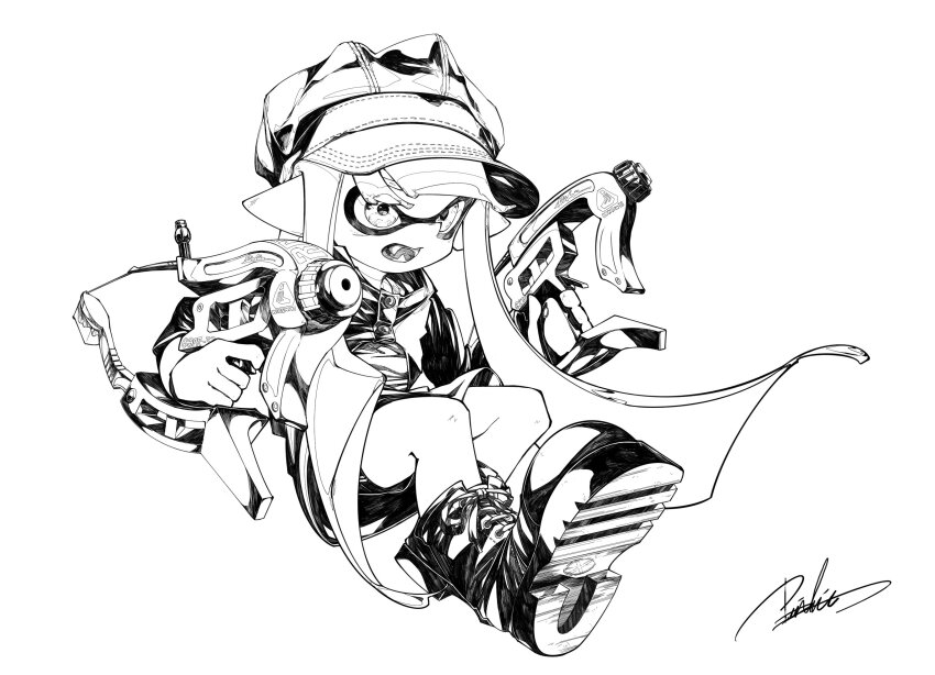 1girl absurdres boots cabbie_hat commentary_request dapple_dualies_(splatoon) dual_wielding fangs full_body greyscale hat highres holding holding_weapon hood hood_down hooded_jacket inkling inkling_girl inkling_player_character jacket lace-up_boots long_hair long_sleeves mhxbump monochrome nintendo open_mouth pointy_ears shoe_soles shorts signature solo splatoon_(series) tentacle_hair very_long_hair weapon
