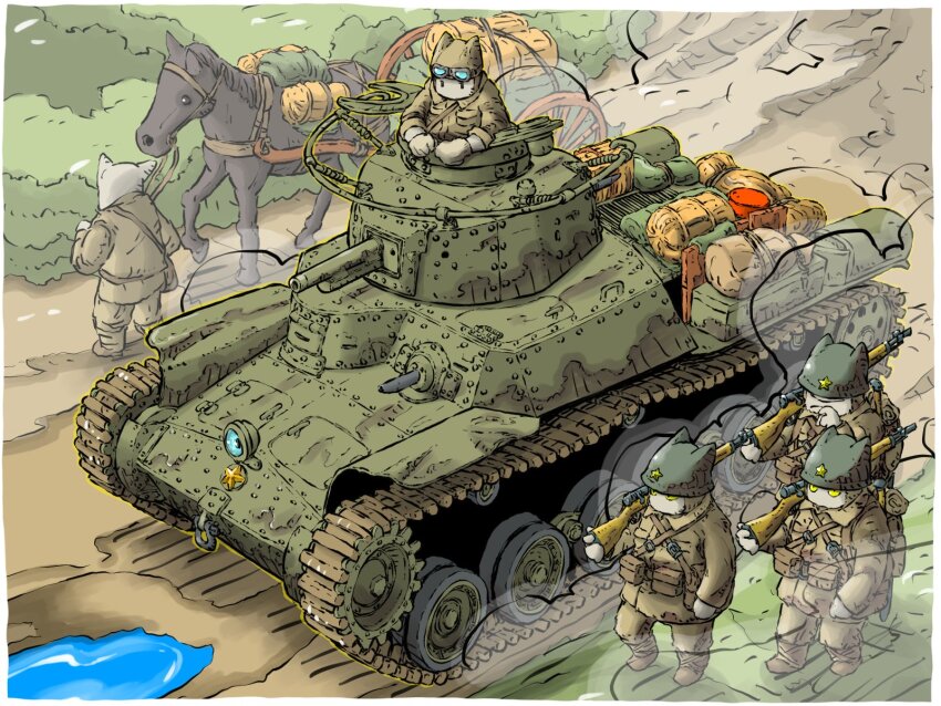 animal arisaka bolt_action cannon caterpillar_tracks gun highres military_vehicle original over_shoulder puddle pullcart rifle vehicle_request water weapon weapon_over_shoulder yabarn