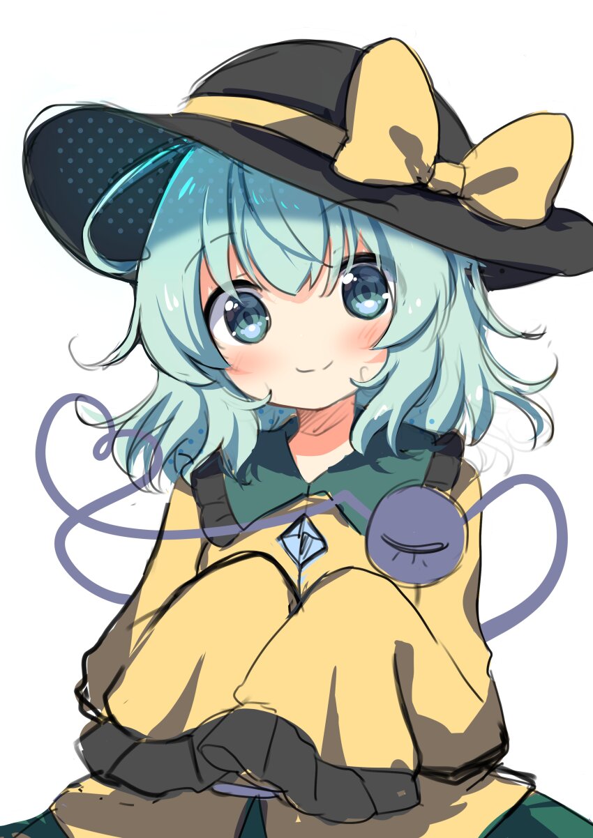 1girl absurdres black_hat buttons diamond_button eyeball frilled_shirt_collar frilled_sleeves frills green_eyes green_hair green_skirt hat hat_ribbon heart heart_of_string highres koishi_day komeiji_koishi rapameri ribbon shirt skirt sleeves_past_wrists smile third_eye touhou white_background wide_sleeves yellow_ribbon yellow_shirt