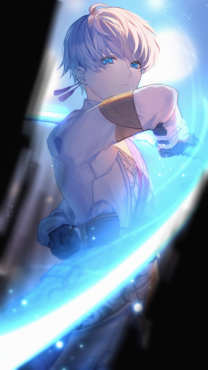 1boy :/ absurdres arm_behind_back arm_up attack_trail baiye_renxing black_gloves blue_eyes blurry blurry_background gloves grey_hair highres holding holding_sword holding_weapon jacket looking_at_viewer love_and_deepspace male_focus short_hair solo swinging_weapon sword upper_body weapon white_jacket xavier_(love_and_deepspace)