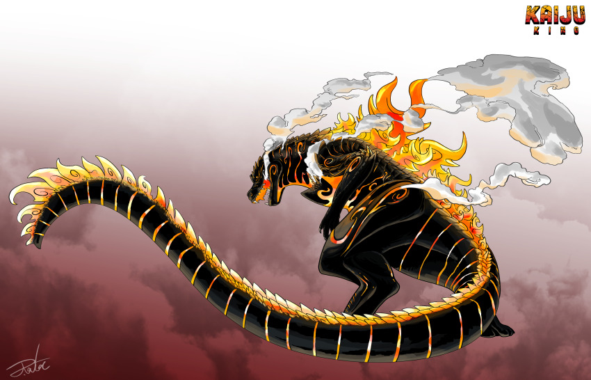 absurdres burning_godzilla claws digitigrade dinosaur dragon english_text full_body glowing godzilla godzilla_(series) gugenheim98 highres kaiju monster monster_focus no_humans open_mouth orange_eyes redesign sharp_teeth signature smoke solid_eyes spiked_tail spikes spines tail teeth toho