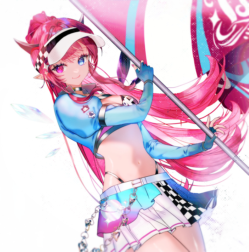 1girl absurdres asymmetrical_wings bandeau black_bandeau black_choker blue_eyes blue_gloves breasts checkered_print choker cleavage closed_mouth commentary commission cropped_jacket crystal_wings dutch_angle earrings english_commentary fingerless_gloves flag gloves hat heterochromia high_ponytail highleg highleg_panties highres holding holding_flag hololive hololive_english horns irys_(hololive) irys_(race_queenrys)_(hololive) jewelry juliet_sleeves long_hair long_sleeves looking_at_viewer medium_breasts miniskirt mismatched_wings nail_polish navel official_alternate_costume official_alternate_hairstyle panties panty_straps pink_hair pleated_skirt pointy_ears ponytail popped_collar print_bandeau puffy_sleeves purple_eyes race_queen red_hair simple_background skirt smile solo sowon star-shaped_pupils star_(symbol) stomach symbol-shaped_pupils underwear very_long_hair virtual_youtuber visor_cap white_background white_hat white_skirt wings