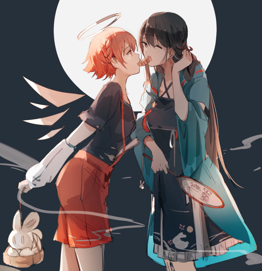2girls absurdres amano_toshi angel angel_wings arknights arm_at_side arm_up autumn black_dress black_hair braid brown_eyes commentary_request dark_background detached_sleeves doctor_(arknights) dress exusiai_(arknights) food_in_mouth from_side full_moon halo hand_fan highres holding holding_fan leaning_forward long_hair looking_at_another medium_dress mid-autumn_festival moon mooncake multiple_girls night off-shoulder_dress off_shoulder one_eye_closed open_mouth orange_eyes orange_hair rabbit shirt short_hair shorts tuanshan wide_sleeves wings yuri